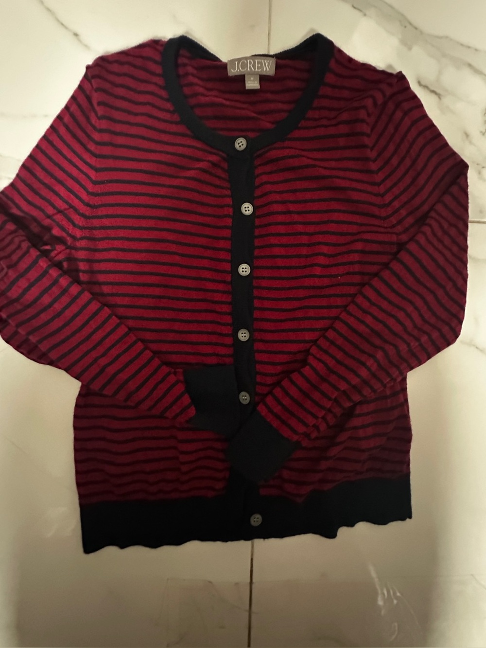 J. Crew Red and Black Striped Button-Front Cardigan